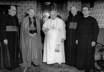Pope John XXIII with Cardinal Bea, then Monsignor Willebrands, Father Stranksy (right) and Monsignor Arrighi (left)